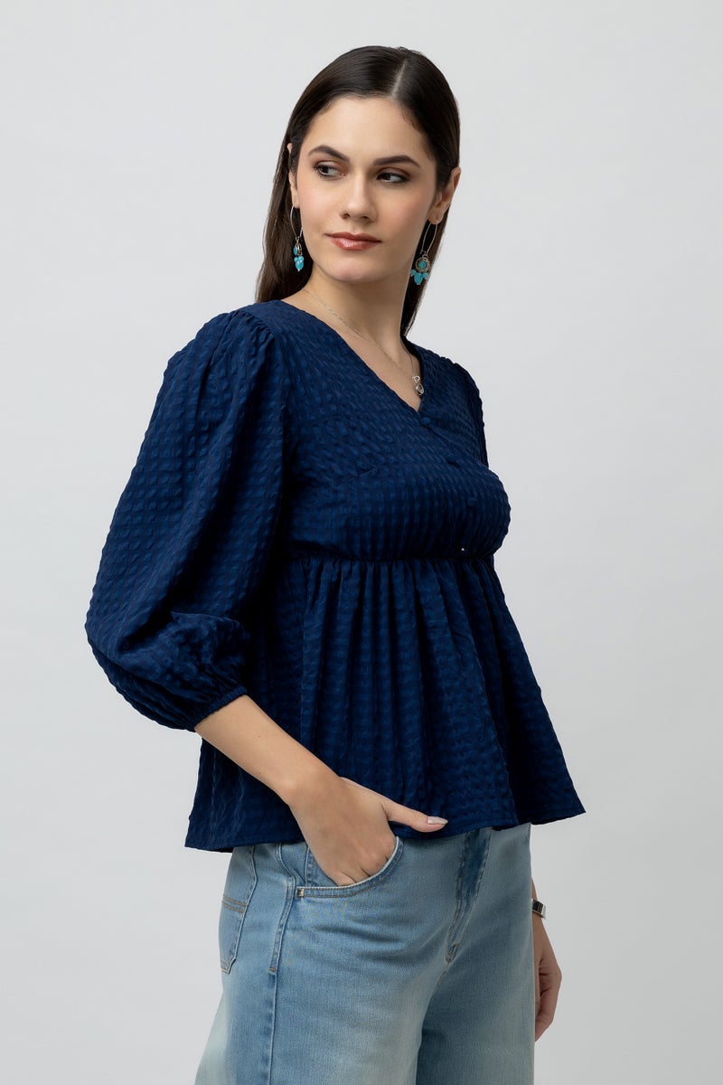 7OUNCE Blue Women's V-Neck Textured Peplum Top - Image 3